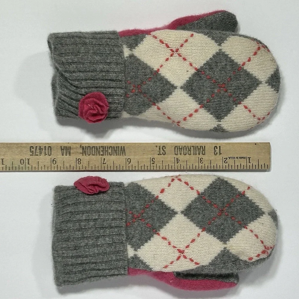 Handmade Women's Cashmere Mittens Upcycled Argyle Fleece Lined Warm Winter Gray